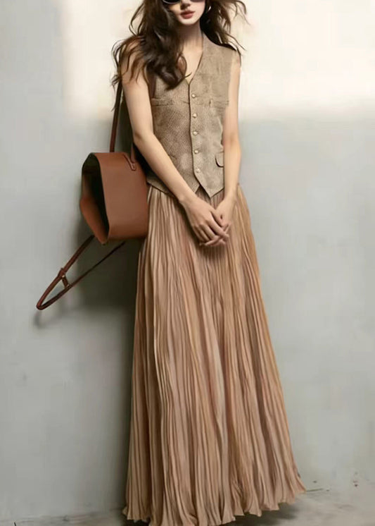 Classy Brown Waistcoat Top And Wrinkled Skirts Two Pieces Set Sleeveless