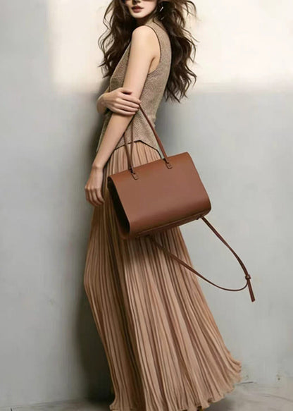 Classy Brown Waistcoat Top And Wrinkled Skirts Two Pieces Set Sleeveless