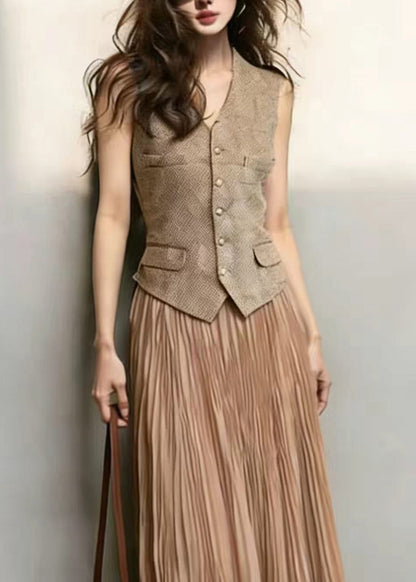 Classy Brown Waistcoat Top And Wrinkled Skirts Two Pieces Set Sleeveless