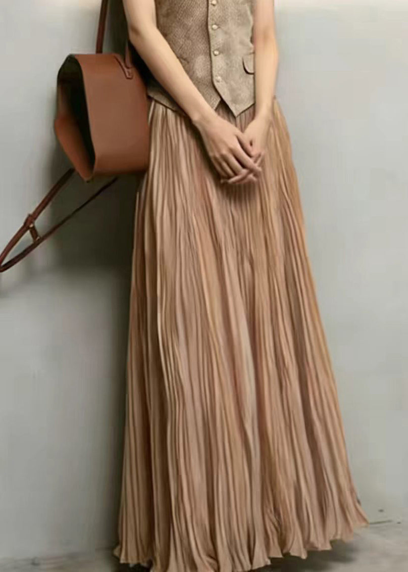 Classy Brown Waistcoat Top And Wrinkled Skirts Two Pieces Set Sleeveless