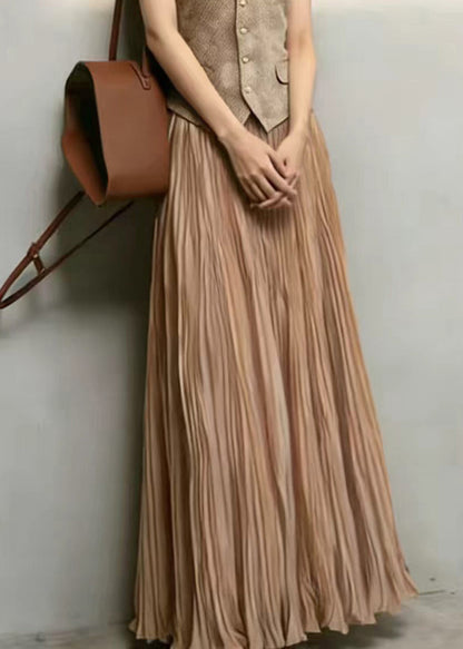 Classy Brown Waistcoat Top And Wrinkled Skirts Two Pieces Set Sleeveless