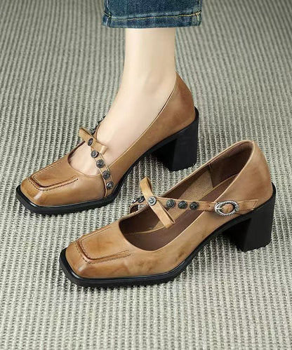 Classy Buckle Strap Splicing Chunky Heel Brown Cowhide Leather