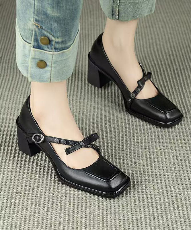 Classy Buckle Strap Splicing Chunky Heel Brown Cowhide Leather
