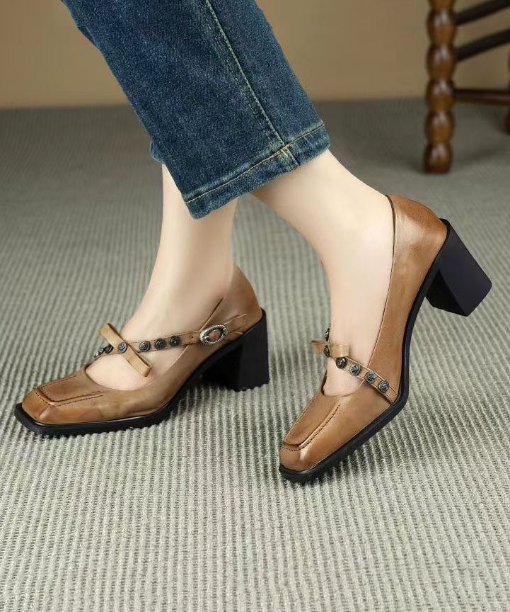 Classy Buckle Strap Splicing Chunky Heel Brown Cowhide Leather