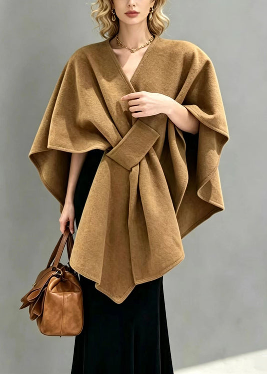 Classy Camel V Neck Cross Cape Shawl Woolen Coat Fall
