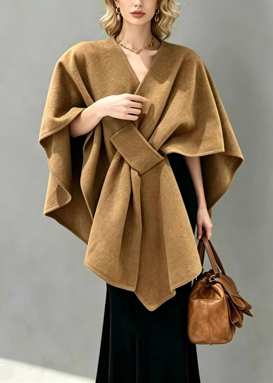 Classy Camel V Neck Cross Cape Shawl Woolen Coat Fall