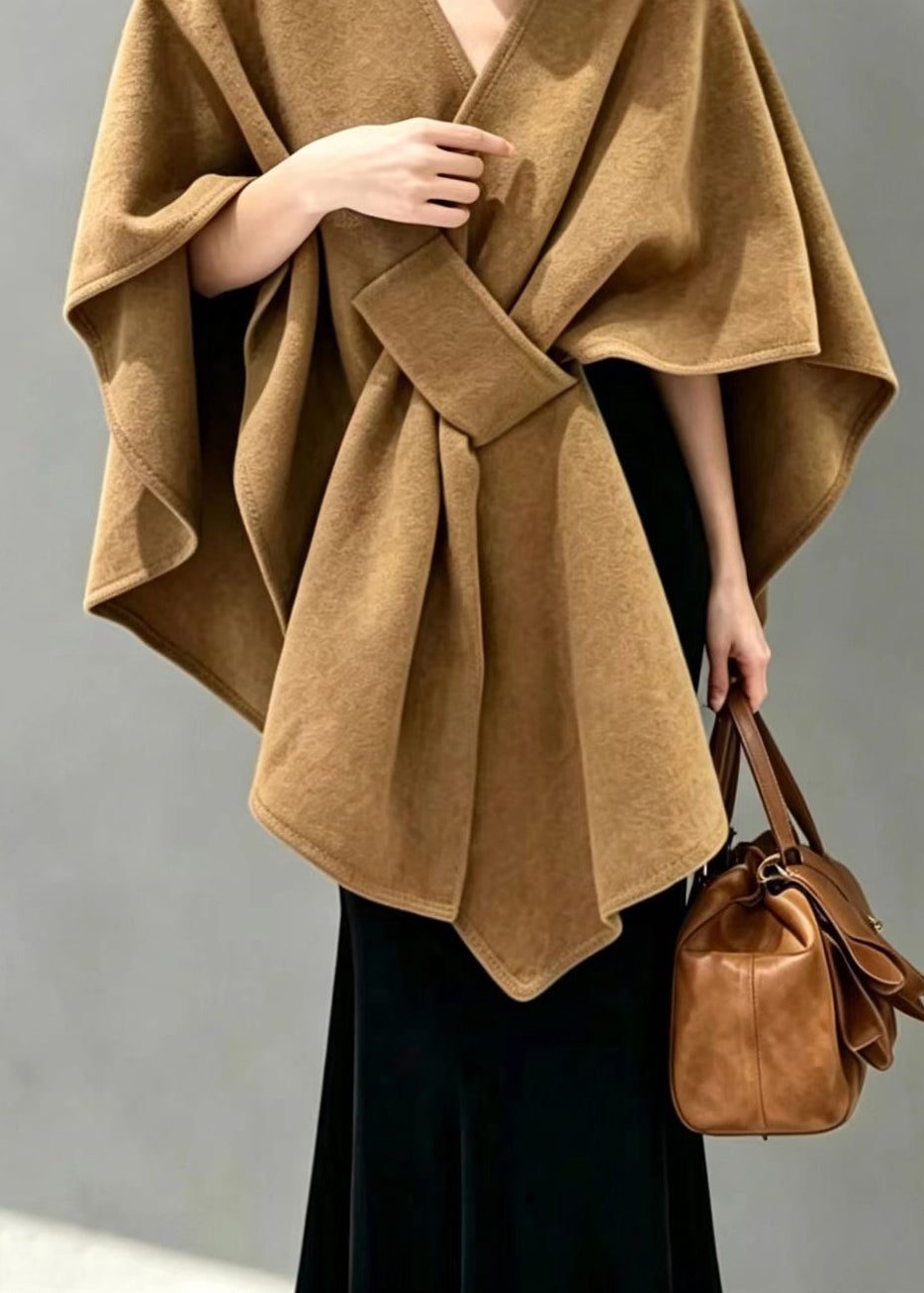 Classy Camel V Neck Cross Cape Shawl Woolen Coat Fall
