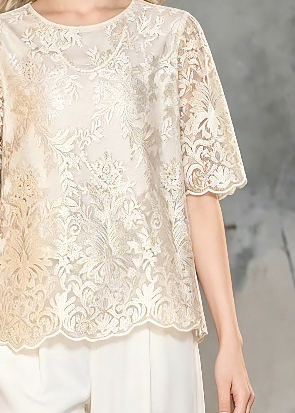 Classy Champagne O-Neck Floral Lace T Shirt Summer
