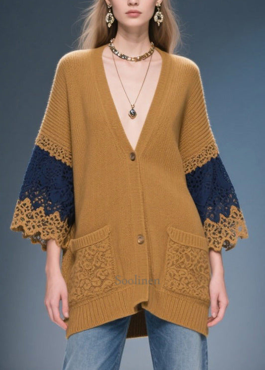 Classy Coffee Oversized Patchwork Lace Knit Coats Fall