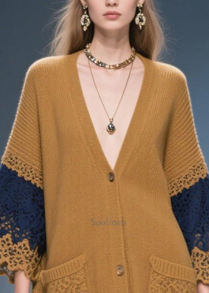 Classy Coffee Oversized Patchwork Lace Knit Coats Fall