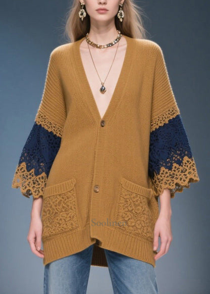 Classy Coffee Oversized Patchwork Lace Knit Coats Fall