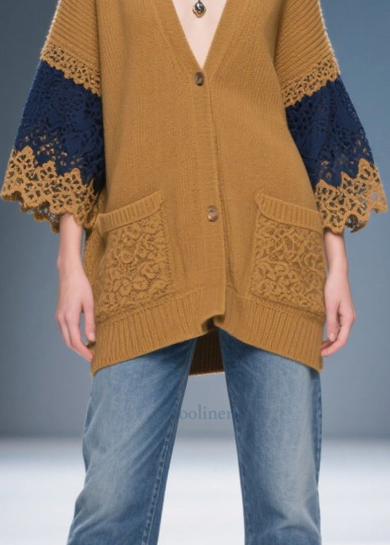 Classy Coffee Oversized Patchwork Lace Knit Coats Fall