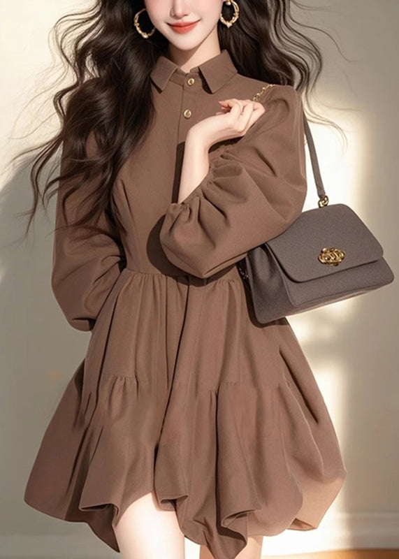 Classy Coffee Peter Pan Collar Patchwork Button Mid Dress Half Sleeve