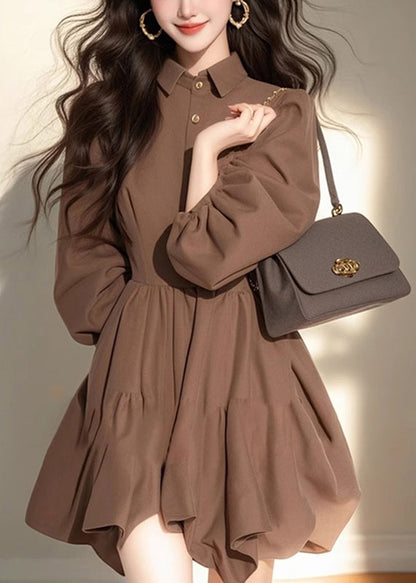 Classy Coffee Peter Pan Collar Patchwork Button Mid Dress Half Sleeve