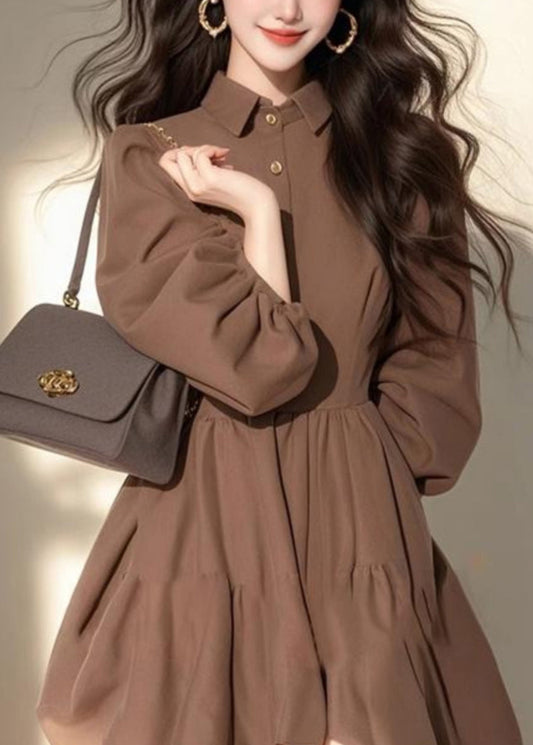 Classy Coffee Peter Pan Collar Patchwork Button Mid Dress Half Sleeve