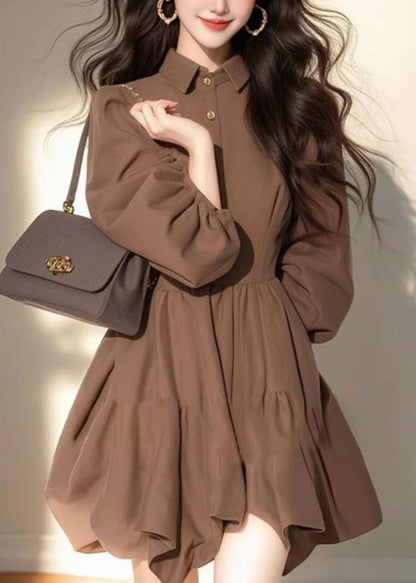 Classy Coffee Peter Pan Collar Patchwork Button Mid Dress Half Sleeve