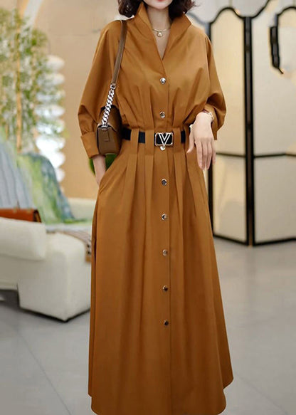 Classy Coffee Peter Pan Collar Sashes Wrinkled Cotton Dresses Spring