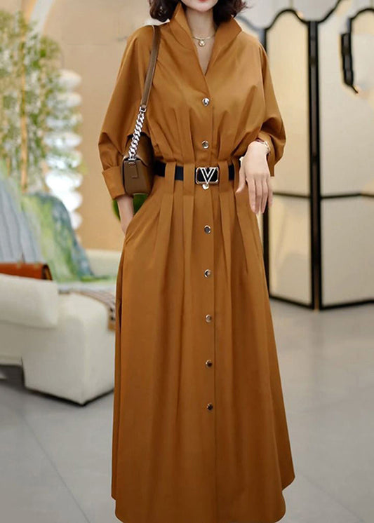 Classy Coffee Peter Pan Collar Sashes Wrinkled Cotton Dresses Spring