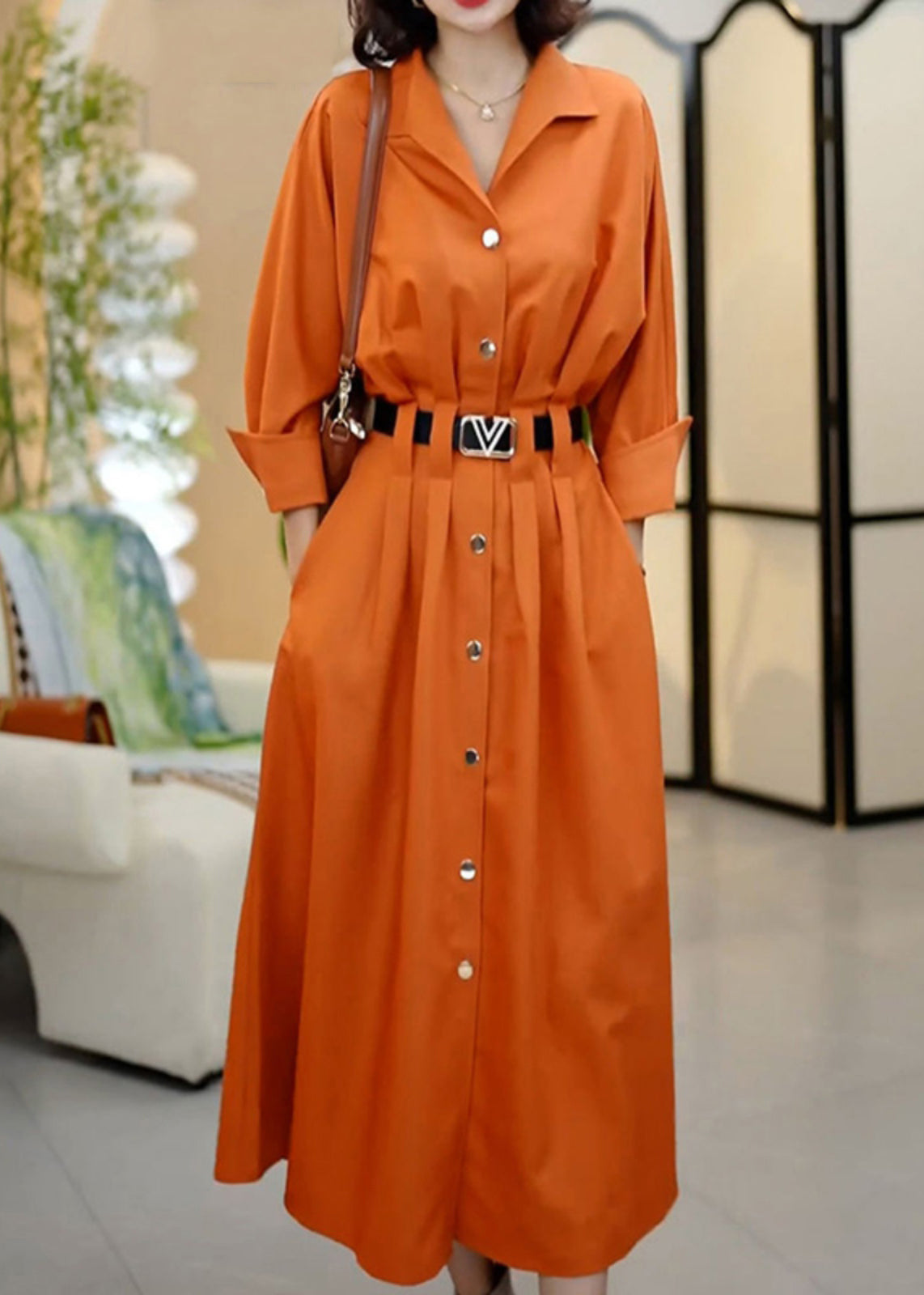 Classy Coffee Peter Pan Collar Sashes Wrinkled Cotton Dresses Spring