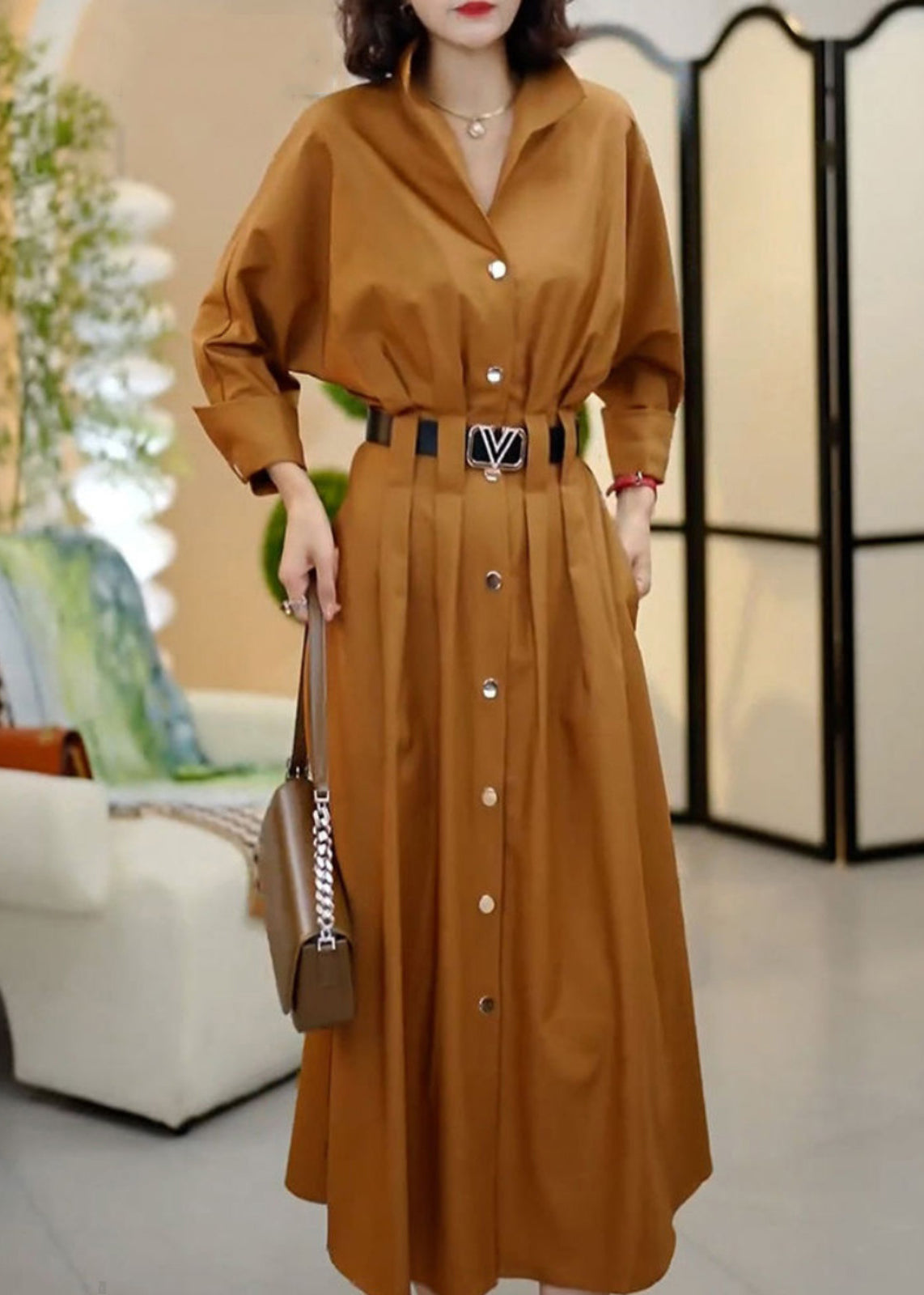 Classy Coffee Peter Pan Collar Sashes Wrinkled Cotton Dresses Spring