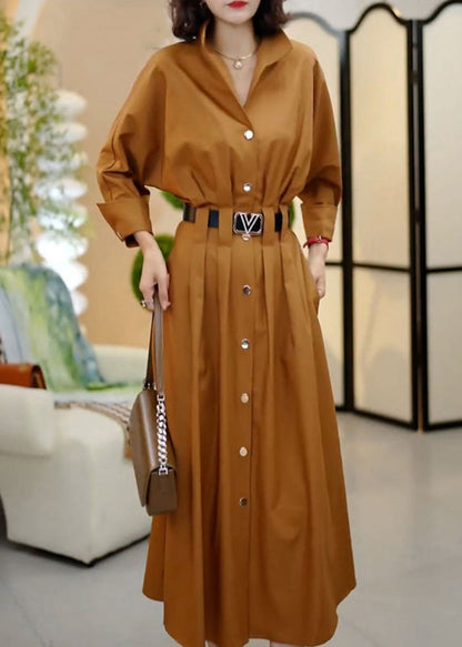 Classy Coffee Peter Pan Collar Sashes Wrinkled Cotton Dresses Spring