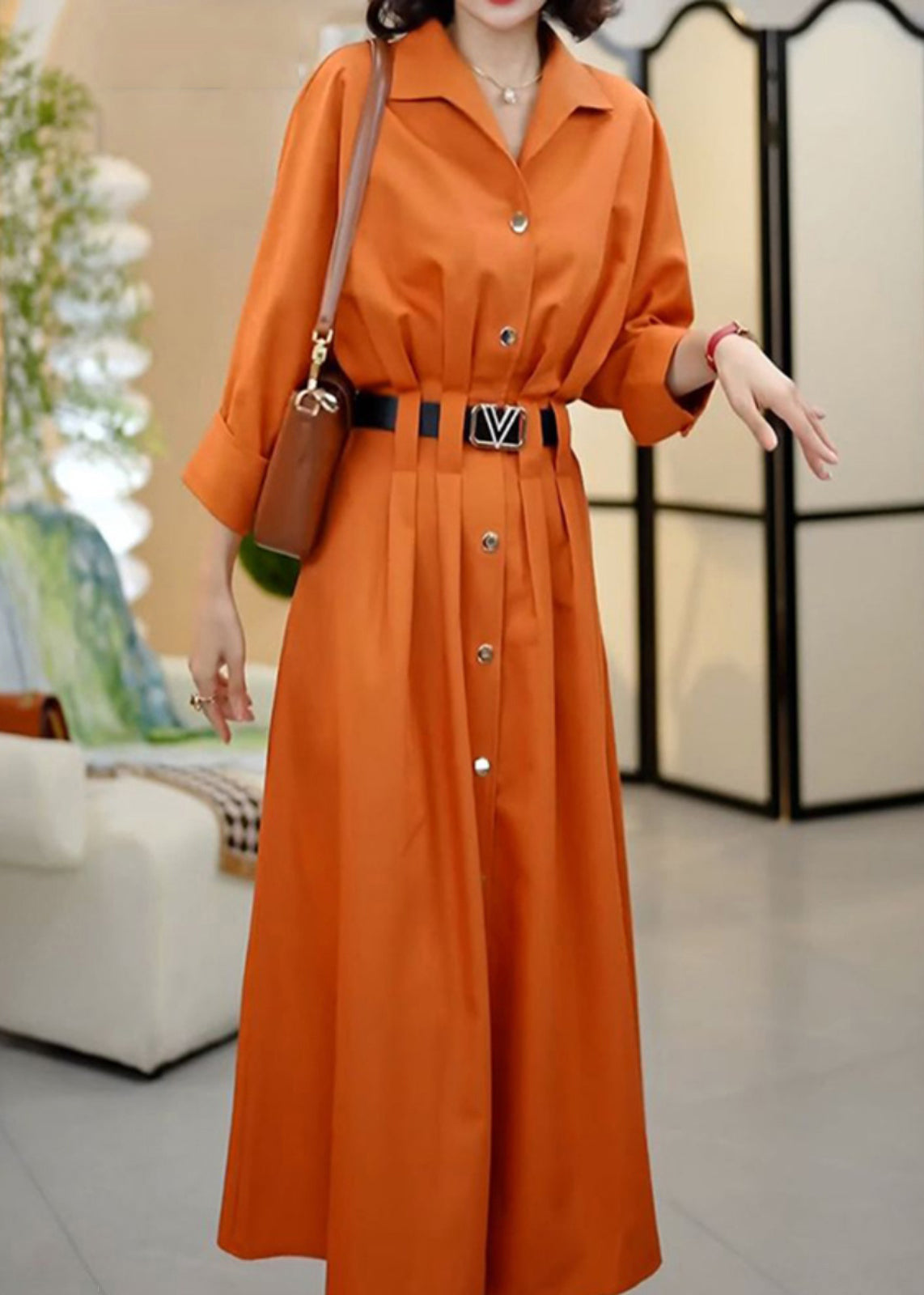 Classy Coffee Peter Pan Collar Sashes Wrinkled Cotton Dresses Spring