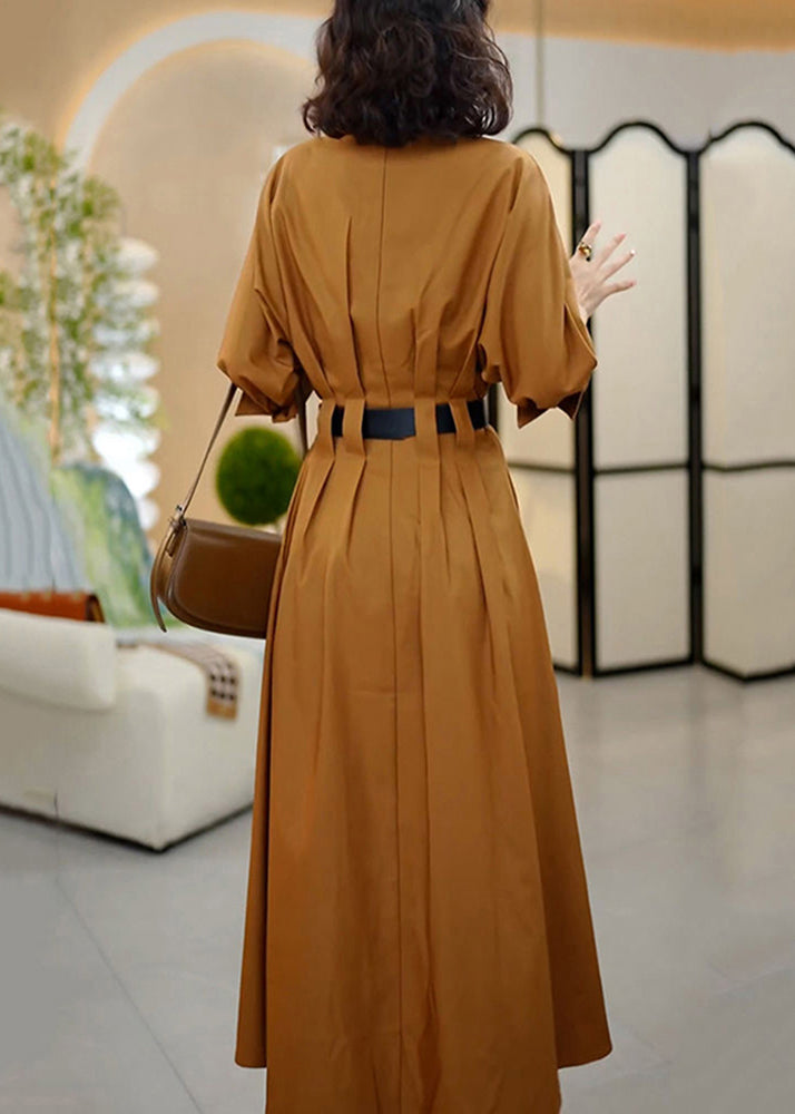 Classy Coffee Peter Pan Collar Sashes Wrinkled Cotton Dresses Spring