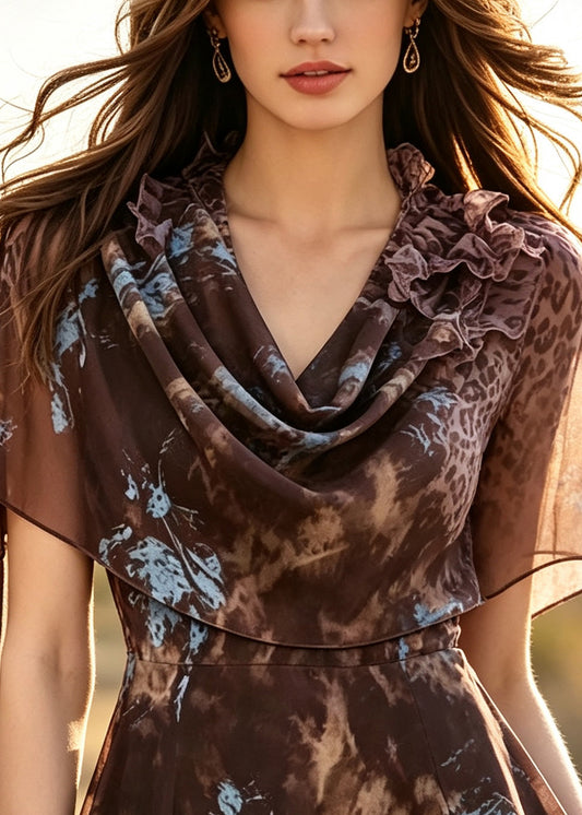Classy Coffee Turtle Neck Print Chiffon Top Summer