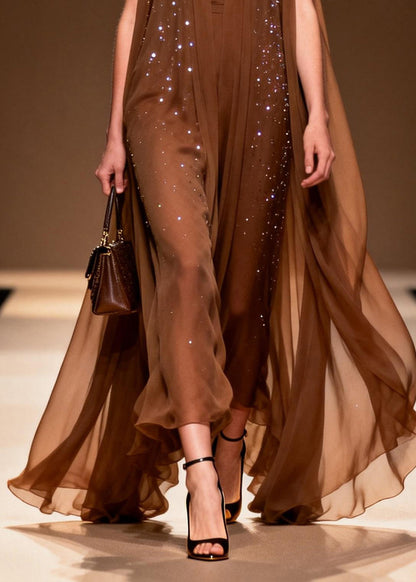 Classy Coffee V Neck Zircon Chiffon Robe Dresses Sleeveless