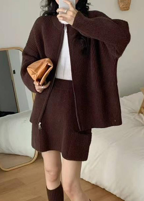 Classy Coffee Zippered Patchwork Cotton Knit Sweaters, Top And Skirts Three Pieces Set Fall