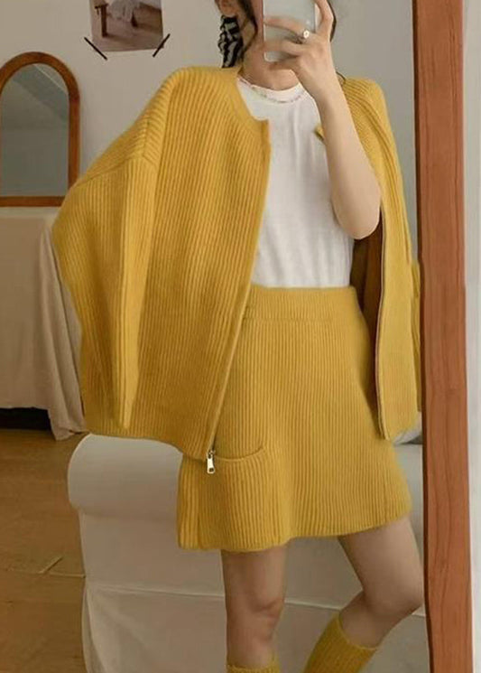 Classy Coffee Zippered Patchwork Cotton Knit Sweaters, Top And Skirts Three Pieces Set Fall