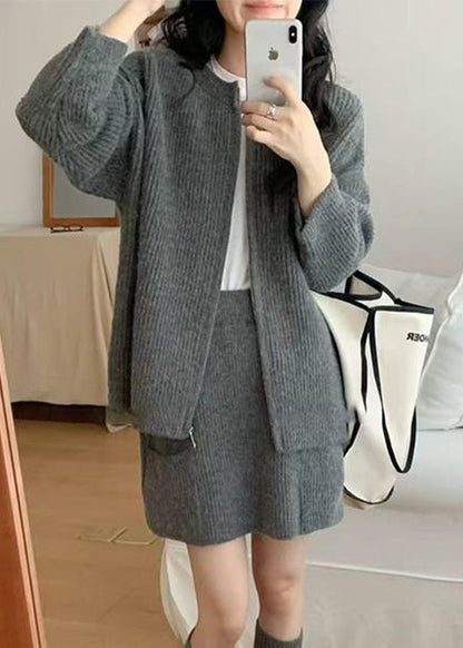 Classy Coffee Zippered Patchwork Cotton Knit Sweaters, Top And Skirts Three Pieces Set Fall