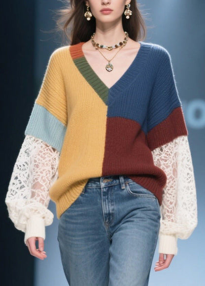 Classy Colorblock Asymmetrical Patchwork Lace Cozy Sweaters Fall