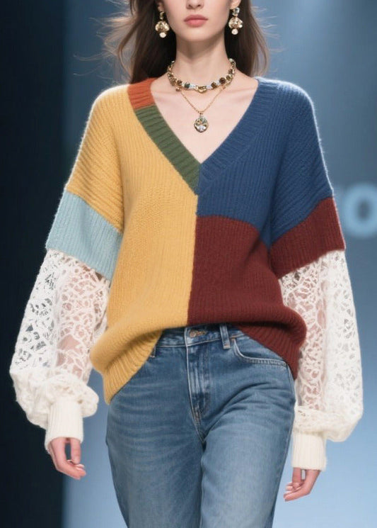 Classy Colorblock Asymmetrical Patchwork Lace Cozy Sweaters Fall