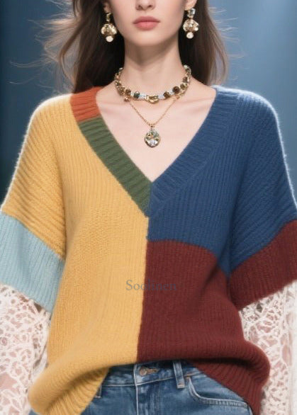 Classy Colorblock Asymmetrical Patchwork Lace Cozy Sweaters Fall