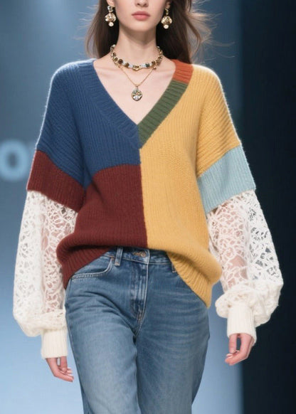Classy Colorblock Asymmetrical Patchwork Lace Cozy Sweaters Fall