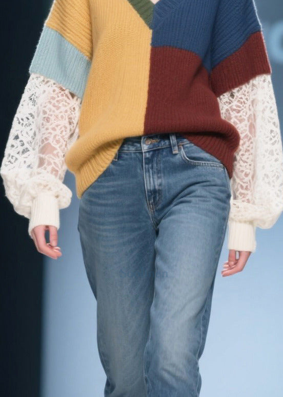 Classy Colorblock Asymmetrical Patchwork Lace Cozy Sweaters Fall
