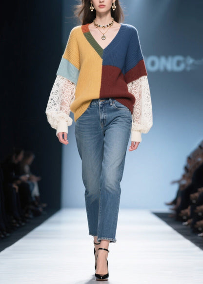 Classy Colorblock Asymmetrical Patchwork Lace Cozy Sweaters Fall