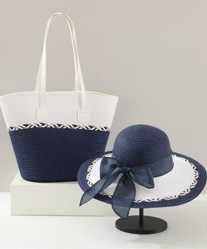 Classy Colorblock Bow Solid Durable Straw Woven Floppy Sun Hat And Shoulder Handbag Two Pieces Set