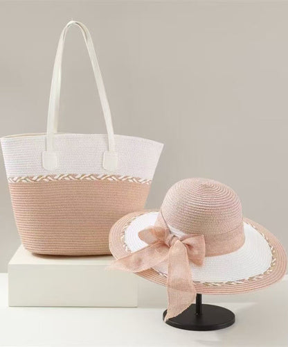 Classy Colorblock Bow Solid Durable Straw Woven Floppy Sun Hat And Shoulder Handbag Two Pieces Set