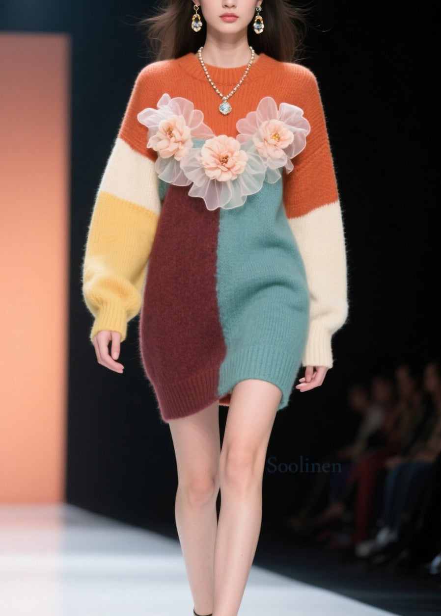 Classy Colorblock O Neck Floral Knit Long Sweater Winter