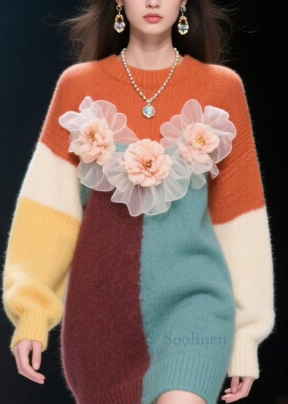 Classy Colorblock O Neck Floral Knit Long Sweater Winter