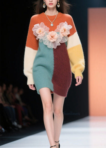 Classy Colorblock O Neck Floral Knit Long Sweater Winter