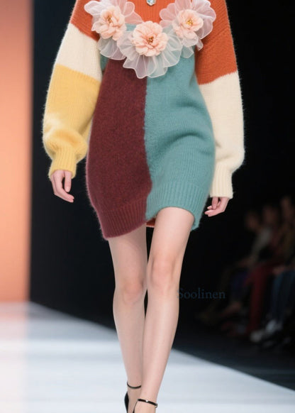 Classy Colorblock O Neck Floral Knit Long Sweater Winter