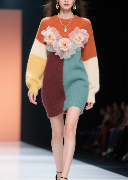 Classy Colorblock O Neck Floral Knit Long Sweater Winter