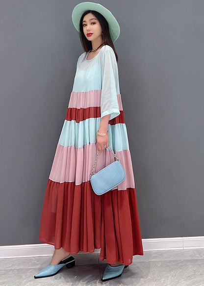 Classy Colorblock O-Neck Patchwork Layered Chiffon Pleated Long Dress Bracelet Sleeve