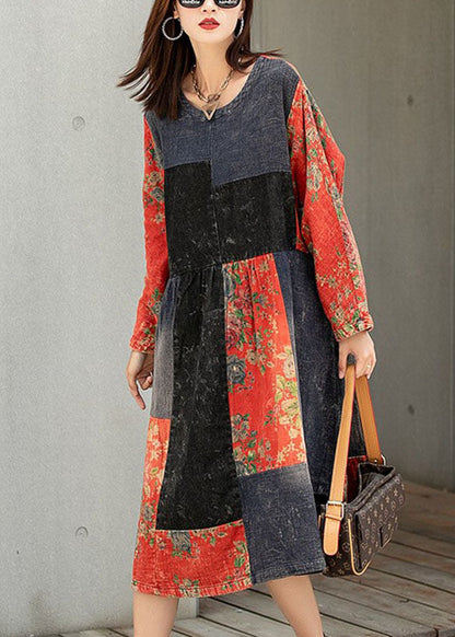 Classy Colorblock Print Patchwork Pockets Fall Maxi Dresses Half Sleeve
