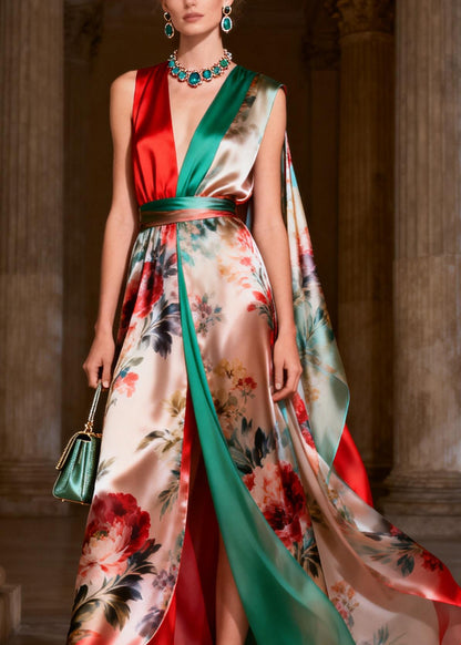Classy Colorblock Print Tunic Silk Robe Dresses Sleeveless