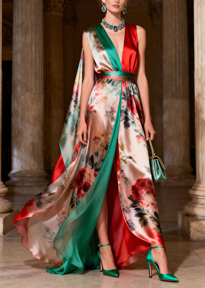 Classy Colorblock Print Tunic Silk Robe Dresses Sleeveless