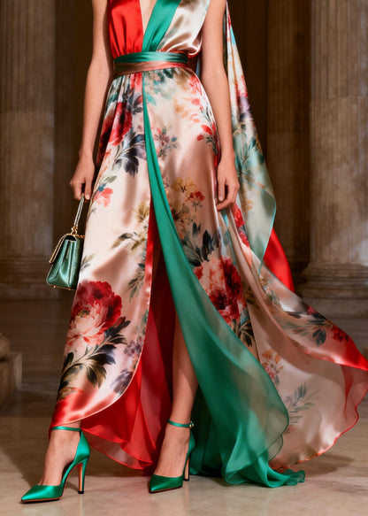 Classy Colorblock Print Tunic Silk Robe Dresses Sleeveless